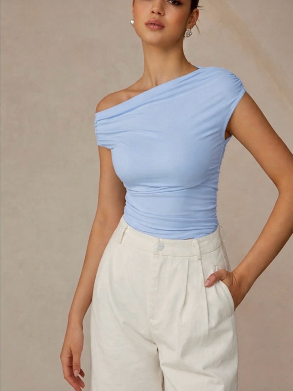 Commense Light Blue One Off Shoulder Ruched Tank Top - Picture 1 of 1